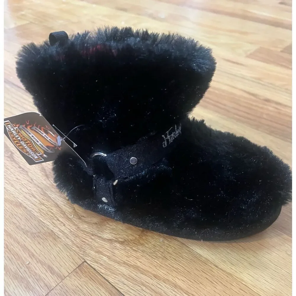 Harley Davidson Toddler Faux Fur Biker Boot Slippers Sz 10-11 Black Branded W Ha